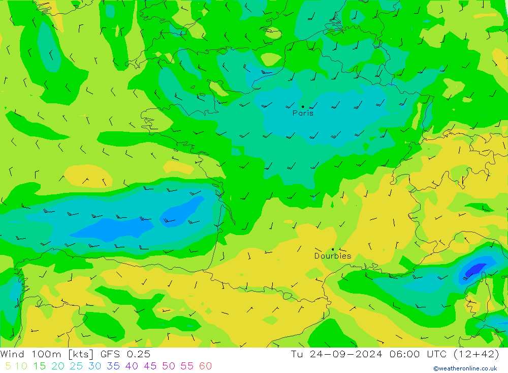 Wind 100m GFS 0.25 Tu 24.09.2024 06 UTC