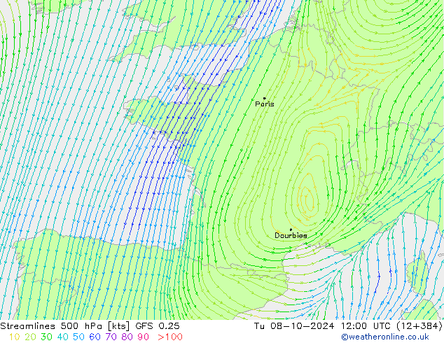 Stromlinien 500 hPa GFS 0.25 Di 08.10.2024 12 UTC