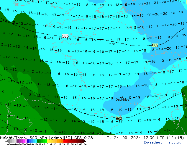 Z500/Yağmur (+YB)/Z850 GFS 0.25 Sa 24.09.2024 12 UTC