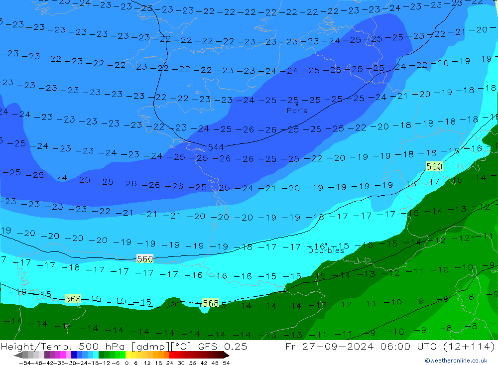 Height/Temp. 500 hPa GFS 0.25 ven 27.09.2024 06 UTC