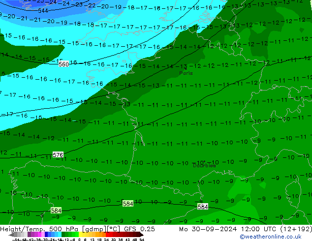 Z500/Rain (+SLP)/Z850 GFS 0.25 Mo 30.09.2024 12 UTC