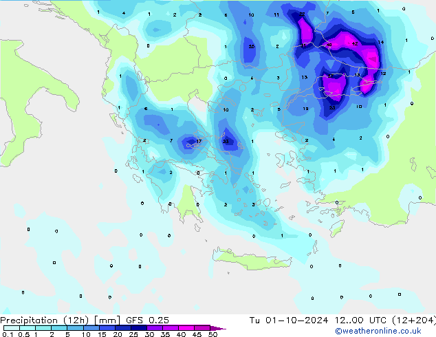 Precipitation (12h) GFS 0.25 Út 01.10.2024 00 UTC