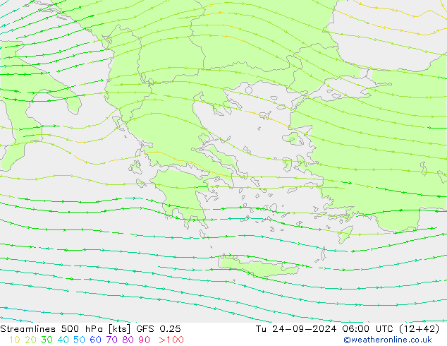 Streamlines 500 hPa GFS 0.25 Út 24.09.2024 06 UTC