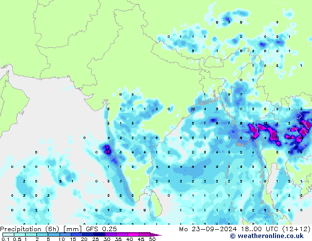 Precipitation (6h) GFS 0.25 Mo 23.09.2024 00 UTC