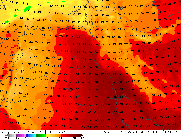 Temperature (2m) GFS 0.25 Mo 23.09.2024 06 UTC