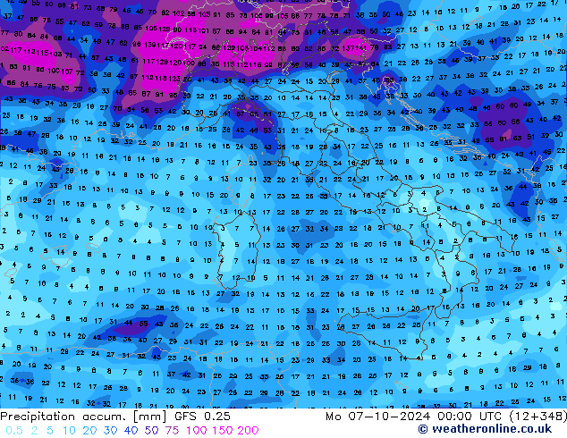 Precipitation accum. GFS 0.25 Mo 07.10.2024 00 UTC