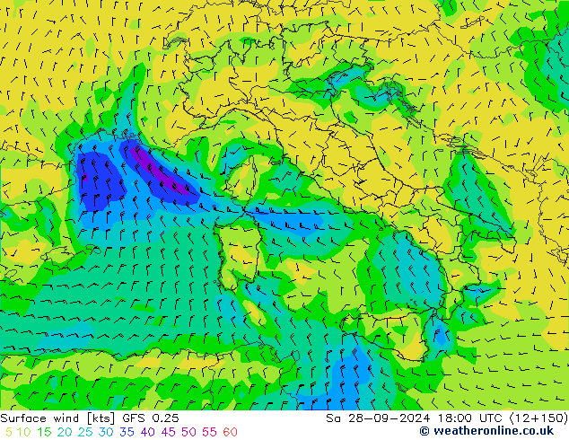 Vento 10 m GFS 0.25 sab 28.09.2024 18 UTC