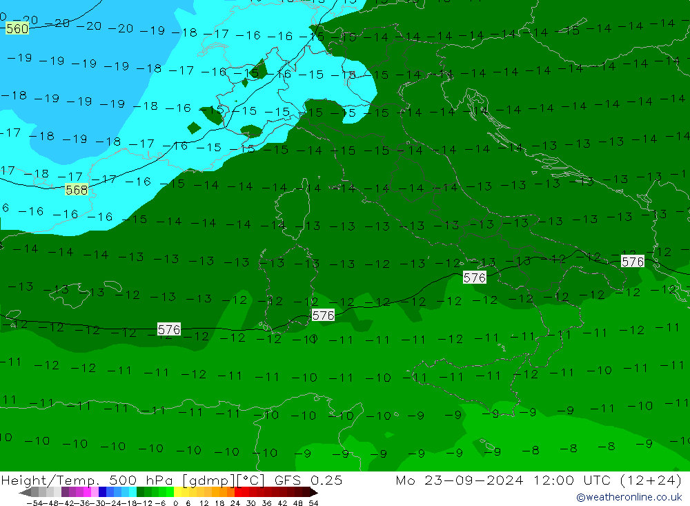 Z500/Rain (+SLP)/Z850 GFS 0.25 Mo 23.09.2024 12 UTC