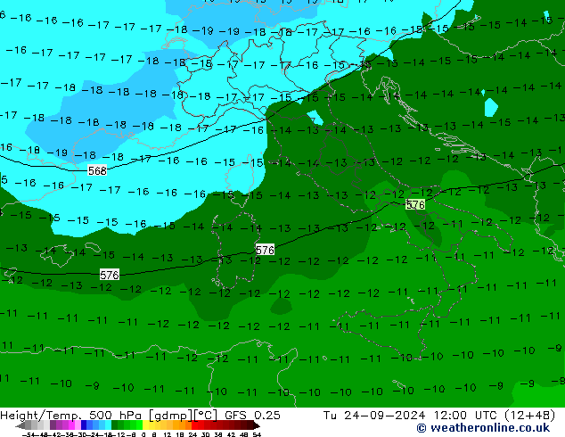 Z500/Yağmur (+YB)/Z850 GFS 0.25 Sa 24.09.2024 12 UTC