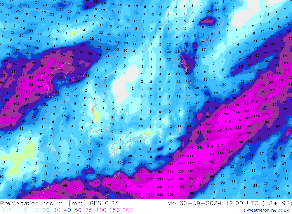 Precipitation accum. GFS 0.25 Mo 30.09.2024 12 UTC