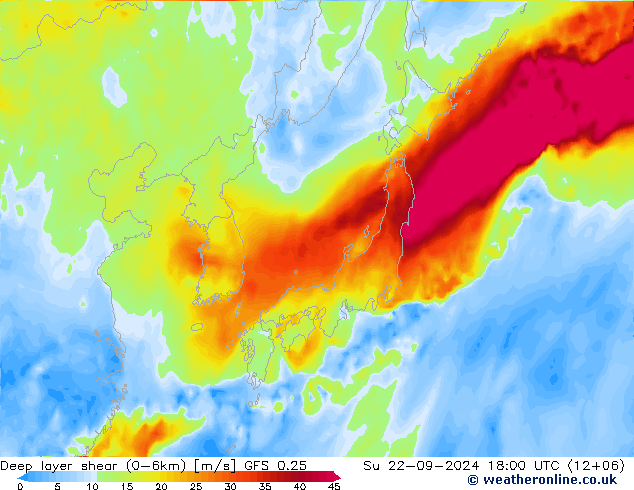 Deep layer shear (0-6km) GFS 0.25 Su 22.09.2024 18 UTC