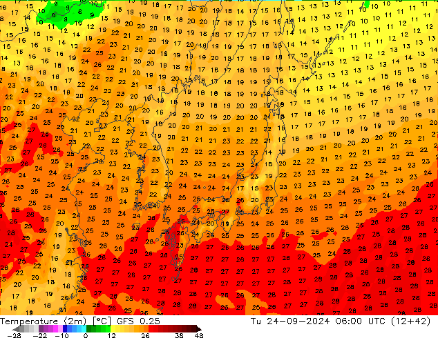 Temperature (2m) GFS 0.25 Tu 24.09.2024 06 UTC