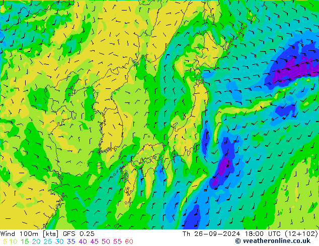 Wind 100m GFS 0.25 Th 26.09.2024 18 UTC