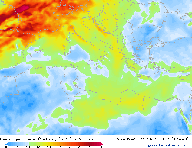 Deep layer shear (0-6km) GFS 0.25 czw. 26.09.2024 06 UTC