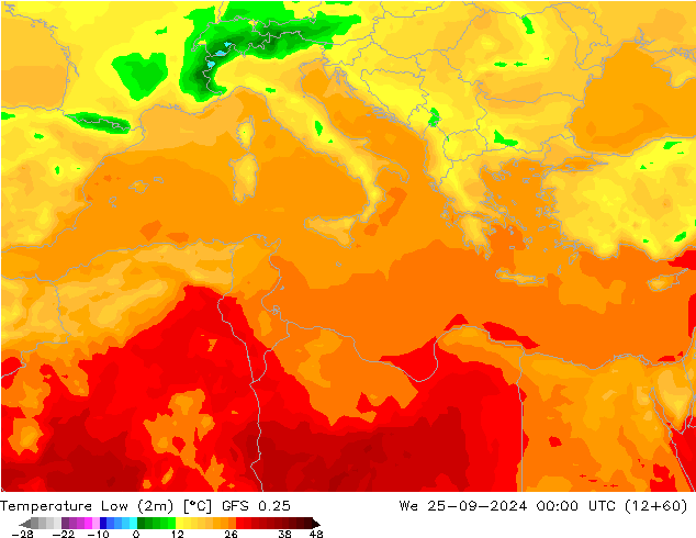 Minumum Değer (2m) GFS 0.25 Çar 25.09.2024 00 UTC