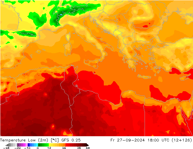 Min.temperatuur (2m) GFS 0.25 vr 27.09.2024 18 UTC