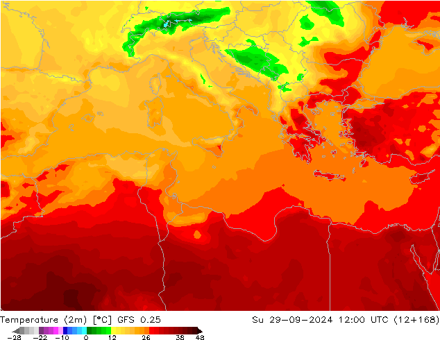 Temperature (2m) GFS 0.25 Su 29.09.2024 12 UTC