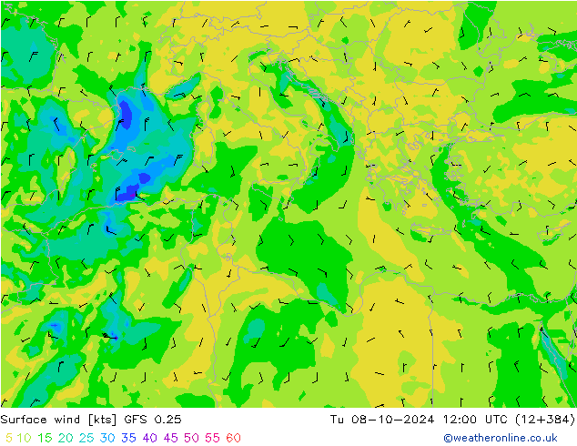 Surface wind GFS 0.25 Tu 08.10.2024 12 UTC