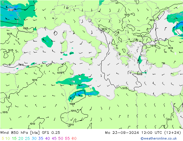 Wind 850 hPa GFS 0.25 Po 23.09.2024 12 UTC