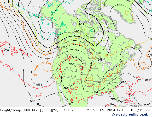 Z500/Rain (+SLP)/Z850 GFS 0.25 Qua 25.09.2024 06 UTC