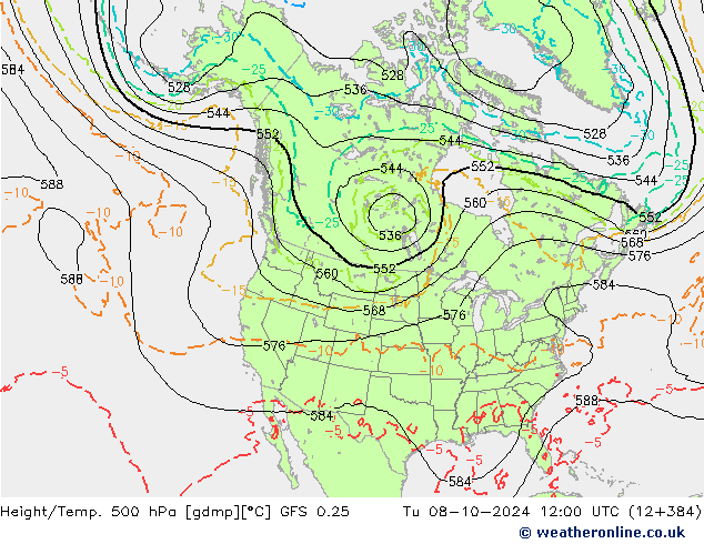 Z500/Rain (+SLP)/Z850 GFS 0.25 Tu 08.10.2024 12 UTC