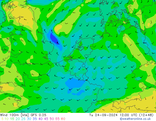 Wind 100m GFS 0.25 Di 24.09.2024 12 UTC