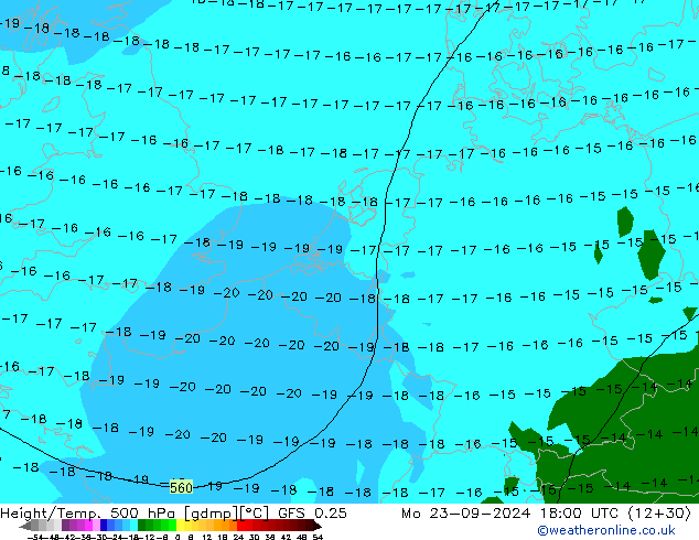 Z500/Rain (+SLP)/Z850 GFS 0.25 Po 23.09.2024 18 UTC