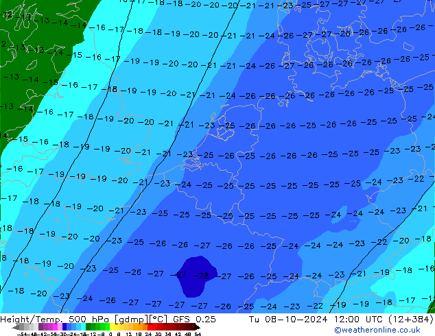 Z500/Rain (+SLP)/Z850 GFS 0.25 Ter 08.10.2024 12 UTC