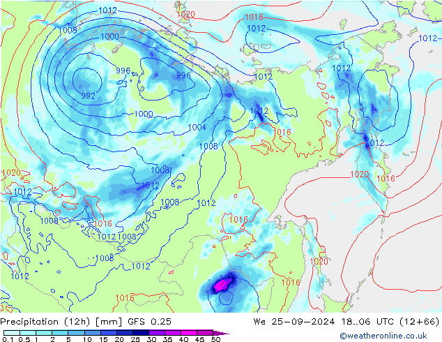 Totale neerslag (12h) GFS 0.25 wo 25.09.2024 06 UTC