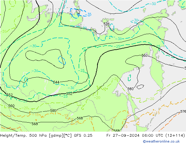 Z500/Rain (+SLP)/Z850 GFS 0.25  27.09.2024 06 UTC