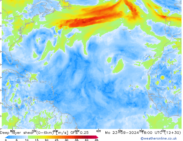 Deep layer shear (0-6km) GFS 0.25 lun 23.09.2024 18 UTC