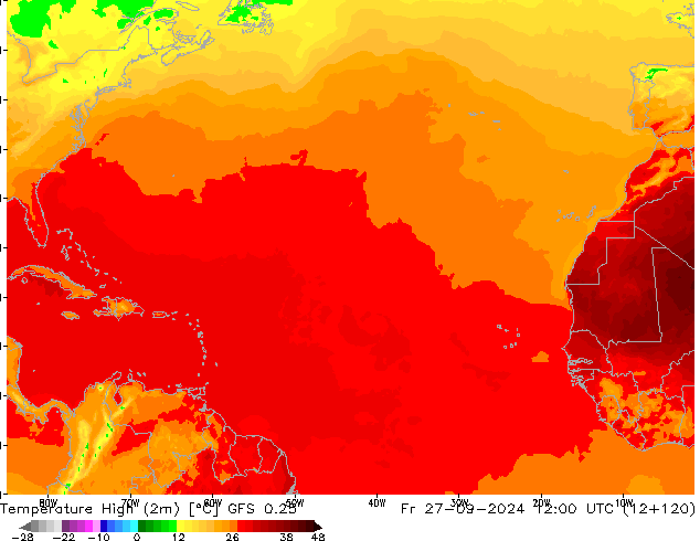 température 2m max GFS 0.25 ven 27.09.2024 12 UTC