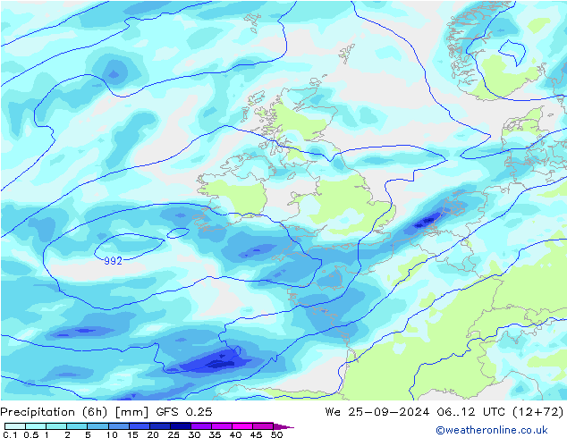 Z500/Rain (+SLP)/Z850 GFS 0.25 śro. 25.09.2024 12 UTC