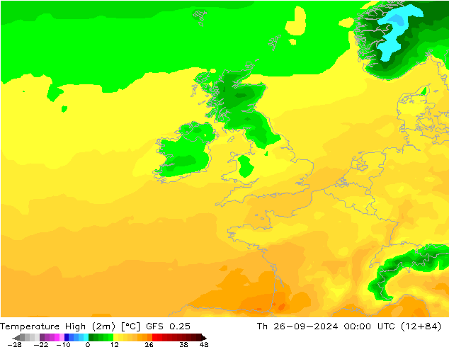 Nejvyšší teplota (2m) GFS 0.25 Čt 26.09.2024 00 UTC