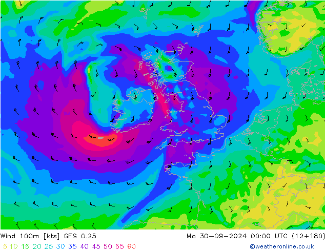 Wind 100m GFS 0.25 Mo 30.09.2024 00 UTC