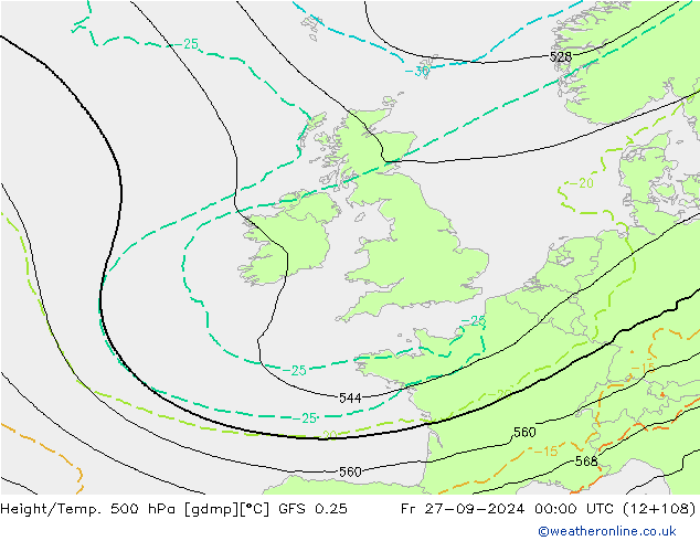 Z500/Rain (+SLP)/Z850 GFS 0.25 vie 27.09.2024 00 UTC