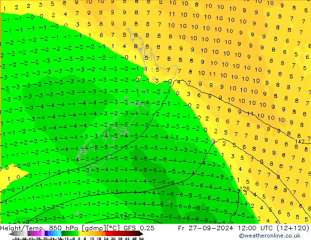 Z500/Rain (+SLP)/Z850 GFS 0.25 Fr 27.09.2024 12 UTC