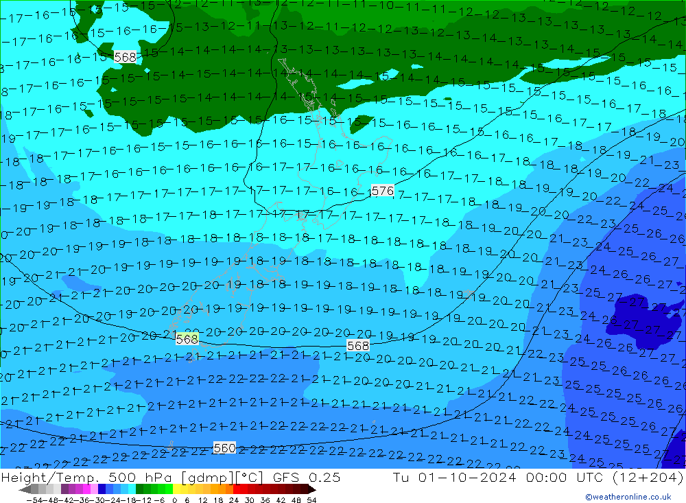 Z500/Rain (+SLP)/Z850 GFS 0.25 Tu 01.10.2024 00 UTC