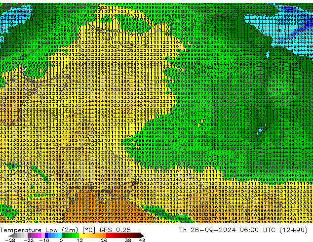 Min.temperatuur (2m) GFS 0.25 do 26.09.2024 06 UTC