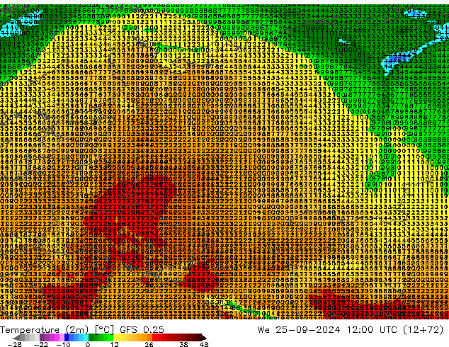 Temperaturkarte (2m) GFS 0.25 Mi 25.09.2024 12 UTC