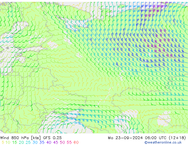 Viento 850 hPa GFS 0.25 lun 23.09.2024 06 UTC