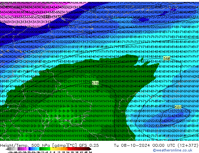 Height/Temp. 500 hPa GFS 0.25 Di 08.10.2024 00 UTC