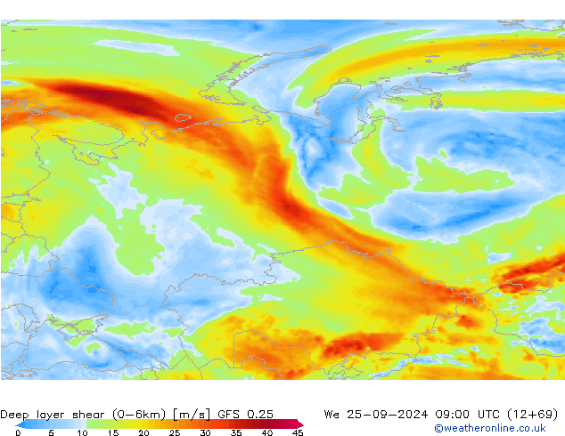 Deep layer shear (0-6km) GFS 0.25 wo 25.09.2024 09 UTC