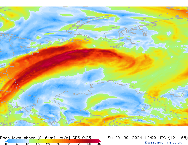 Deep layer shear (0-6km) GFS 0.25 Su 29.09.2024 12 UTC