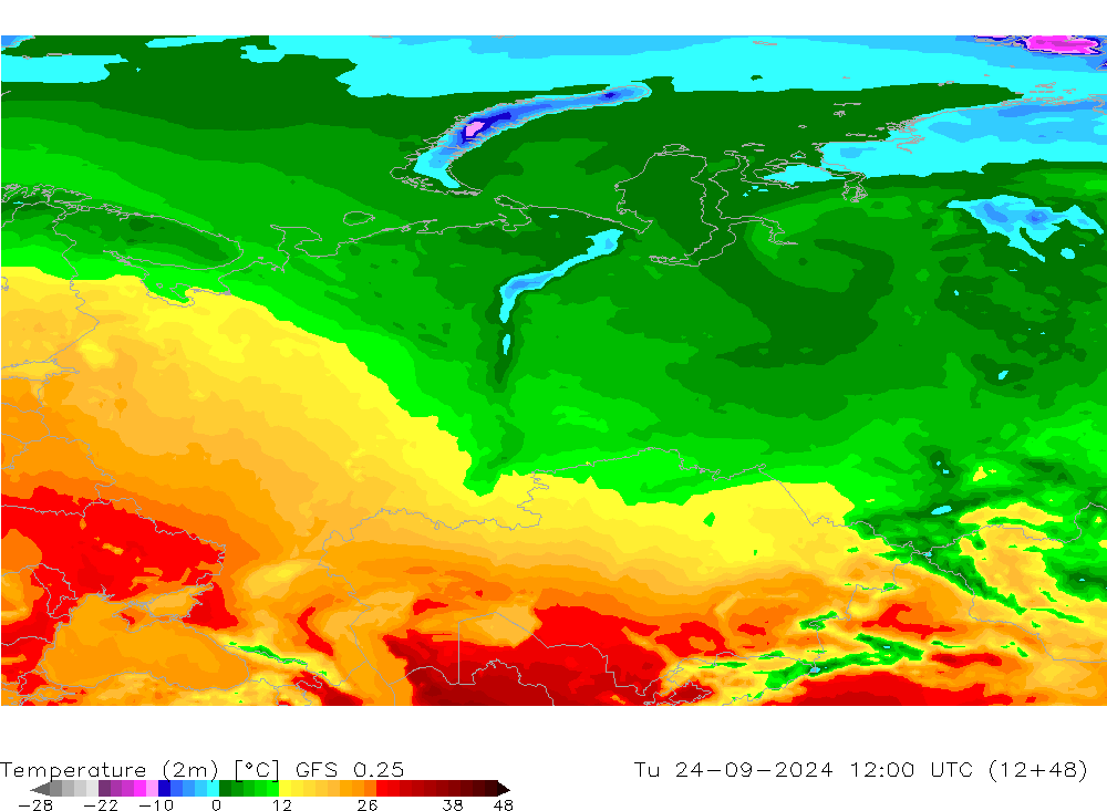 Temperature (2m) GFS 0.25 Tu 24.09.2024 12 UTC