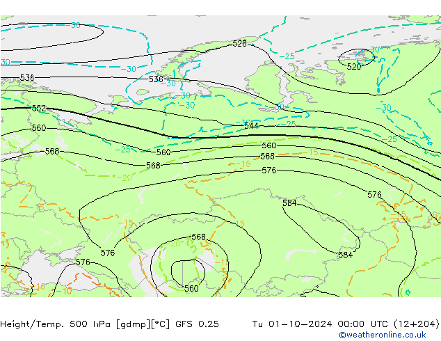 Z500/Rain (+SLP)/Z850 GFS 0.25 вт 01.10.2024 00 UTC