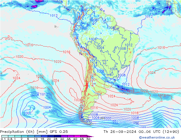 Z500/Rain (+SLP)/Z850 GFS 0.25 Čt 26.09.2024 06 UTC