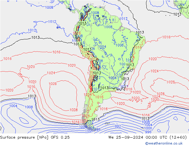 Presión superficial GFS 0.25 mié 25.09.2024 00 UTC