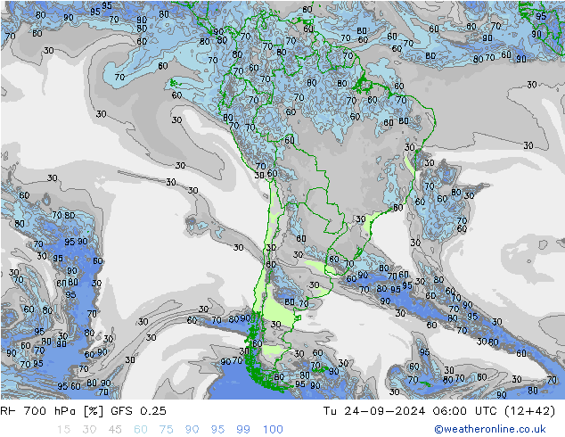 RH 700 hPa GFS 0.25 Tu 24.09.2024 06 UTC