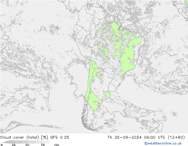 Cloud cover (total) GFS 0.25 Th 26.09.2024 06 UTC